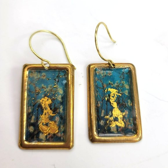 Gold Leaf Fine Art Fashion Earrings Apple Cherry Blossom Dangle Dh755 - Picture 2 of 4